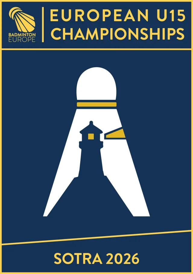 Sotra 2026 event poster: a shuttlecock forming a lighthouse beam, for the European U15 Championships